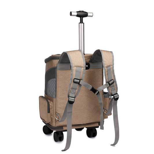 Travel Pet Backpack with Rolling Trolley and Universal Wheels.